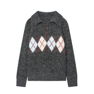 Dark grey long-sleeve knit sweater with Argyle pattern and Polo collar with three buttons