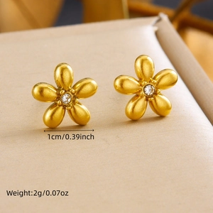 Exquisite gold plated stainless steel flower stud earrings with center diamond accents
