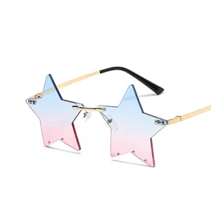 Frameless star-shaped sunglasses with blue and pink gradient lenses and gold metal frames
