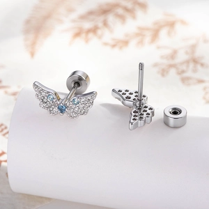Silver angel wing screw back earrings with sparkling white and blue zircon accents