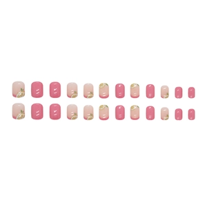 Short round pink press-on nails set with cute lemon hand-painted patterns for girls