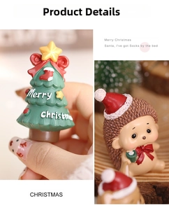 Detail shot of miniature resin hedgehog and Christmas tree ornament in hand for size comparison