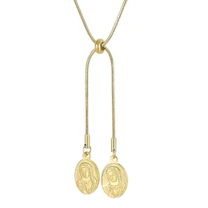 Stainless Steel Virgin Mary Relief Oval Pendant Snake Chain Necklace Adjustable Bolo Fashion Retro Jewelry Women