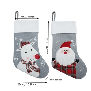 Detailed size specifications of 3D Santa and Reindeer Christmas stockings in grey felt