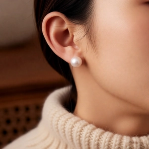 Close-up of minimalist large white round pearl stud earrings worn by a model in soft light