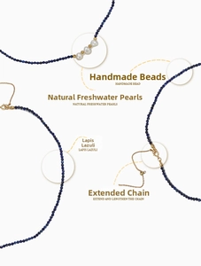 Detail view of lapis lazuli beads with natural freshwater pearls and extension chain