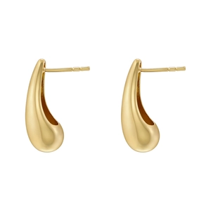 Minimalist gold teardrop earrings with a smooth polished metallic finish on white background