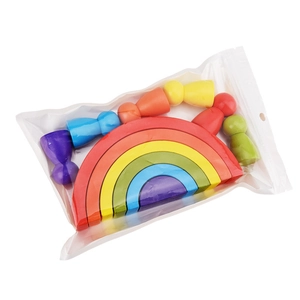 Rainbow wooden stacking blocks and matching peg dolls set in clear packaging for kids