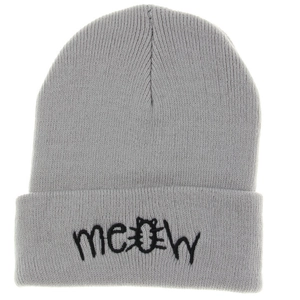 Close-up of grey ribbed knit beanie featuring black MEOW embroidery with cat silhouette