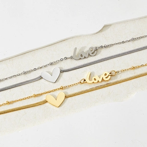 Bracelets de cheville double couche en acier titane avec breloques Love cœur or et argent