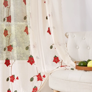 Cream lace curtain with red poinsettia floral embroidery and scalloped edges for Christmas