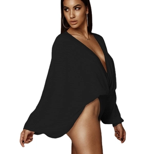 Sexy black V-neck long sleeve jumpsuit with pleated texture and high cut leg design