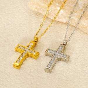 18K gold and silver plated stainless steel cross necklaces with inlaid zircon crystals