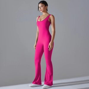 Slim fit rose red yoga jumpsuit with open back design and flared legs for fitness