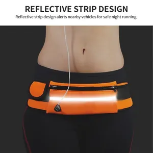 Orange running waist bag with reflective strip and headphone hole for night workout
