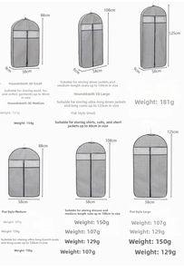 Size specifications for houndstooth dust covers for suits and long coats
