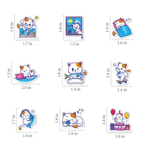 Size guide for cartoon cat stickers showing dimensions in inches for each design