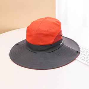 Outdoor UV protection sun hat with wide brim and orange breathable mesh panels