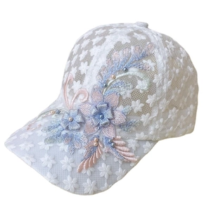 Summer white lace mesh baseball cap with 3D floral embroidery and pearl accents