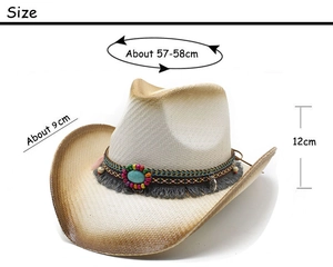 Detailed view of straw cowboy hat with turquoise band and specific size measurements