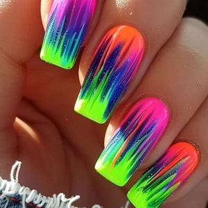 Rainbow gradient long square press-on nails with colorful fluid brush texture and fine glitter