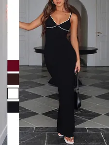 Women Maxi Dress Spaghetti Strap V Neck Lace Trim Slim Fit Y2K Style Solid Color Polyester Elastane Knitwear