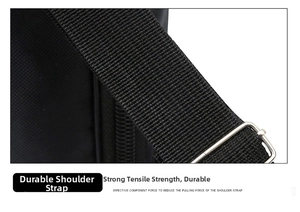 Detail view of durable nylon shoulder strap with adjustable silver metal buckle for men