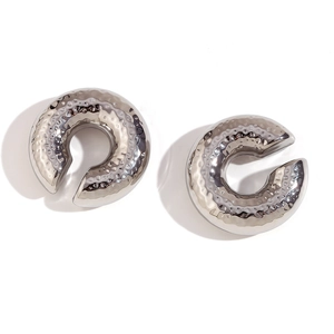 Minimalist silver hammered C-shape earrings in polished stainless steel for women