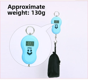 Detailed view of sky blue portable luggage scale with metal hook and 130g lightweight body