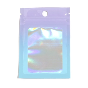 Close-up of holographic purple gradient resealable bag with a clear laser window and hole