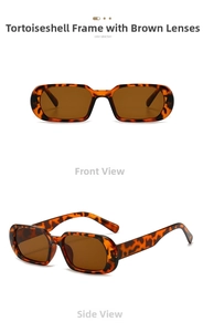 Detailed views of vintage tortoiseshell narrow frame sunglasses with brown tinted lenses