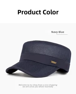 Detail of navy blue breathable mesh flat top military cap with metal brand logo
