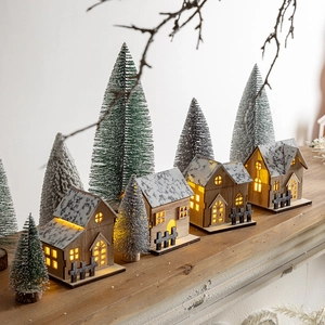 Lighted wooden Christmas house decoration with warm LED and miniature cedar tree