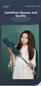 Detail of extendable alloy pole and gray microfiber duster head for home cleaning