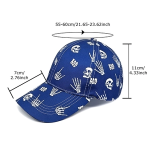 Blue baseball cap with white skull and ghost hand prints including size measurements