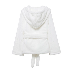 White faux fur hooded coat with adjustable waist belt shown from the back view