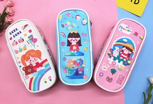 Detailed view of three cute PU leather pencil cases with cartoon girls and bear patterns