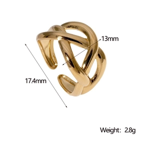 Detail view of woven stainless steel ring with size measurements and 17.4mm diameter