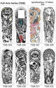 Detail view of full arm temporary tattoo stickers featuring wolf and poseidon designs