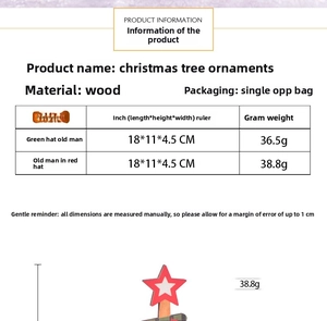 Detail showing dimensions of green and red hat wooden Christmas tree ornaments