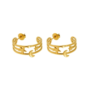Gold double-layered stainless steel hoop earrings with star and moon cutout designs