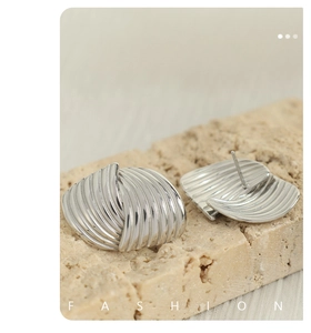Macro shot of silver titanium earrings with pleated texture on natural brown stone