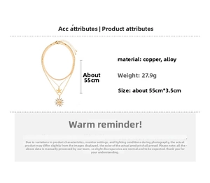 Detailed view of layered gold necklace with sun and starfish charms and specifications