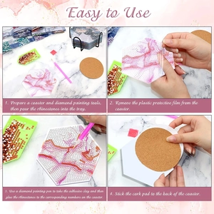 Step-by-step DIY diamond painting coaster kit guide with tools and marble pattern