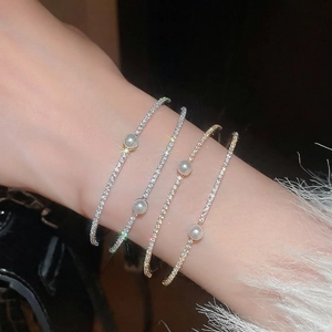 Luxurious double-layer zircon and pearl open bangles in gold and silver finish
