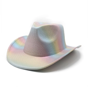 Macro detail of holographic rainbow texture and stitching on the western cowboy hat