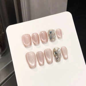 Handmade Press On Nails Champagne Pink Cat Eye Glitter Rhinestone Glossy Square Coffin Artificial False Fingernails