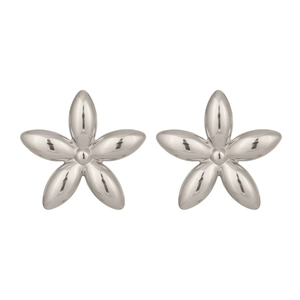 Vue détaillée des boucles d'oreilles fleurs argentées avec un design en métal poli
