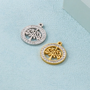 Tree of Life hollow pendant with zircon inlay in gold and silver finish on blue background