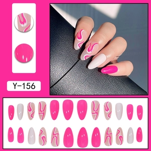 Y-156 hot pink and white pop pattern long oval press-on nails set with 24 pieces